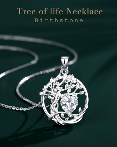 FANCIME Tree of life Birthstone necklace Sterling Silver Pendant Birthstone Necklace Gemstone Anniversary Birthday Jewelry Mothers Day Gifts for Mom Her Wife - color: Apr.-CZ