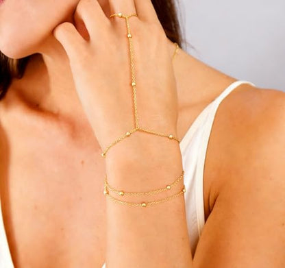 Evil Eye, Heart, Cross-Gold Ring Bracelet Hand Chain Layered Finger Bracelets for Women Delicate Link Chain Jewelry - style: 3 layered satellite chain bracelet-gold
