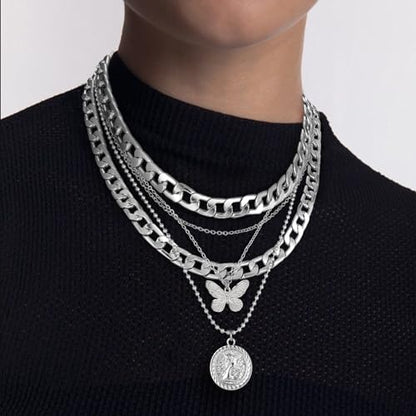 MJartoria Layered Necklaces for Women Trendy Retro Coin Pendant | Dainty Chunky Chain, Choker Necklaces, Jewelry Birthday Gifts - color: Silvery, style: A-X-Butterfly-5 in 1 Layered
