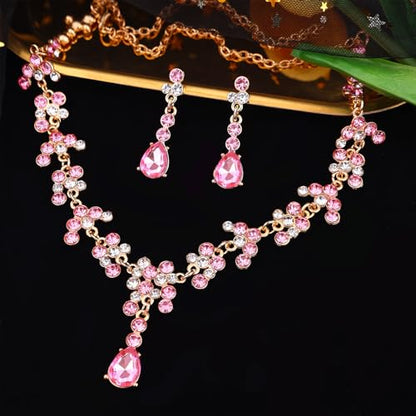 Crystal Crown and Tiara Jewelry Set for Women Bride with Necklace Earrings | Metal Rhinestone Royal Queen Princess Jewelry Set Wedding Quinceanera Pageant Prom Birthday Halloween Party Costume Gift - color: Pink