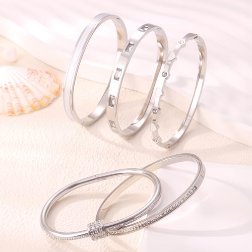 Camhanno Pink Heart Bangle Bracelets for Women - 18K Gold Plated Stackable Stainless Steel, Friendship & Love Jewelry Gift for Her - color: Silver+White