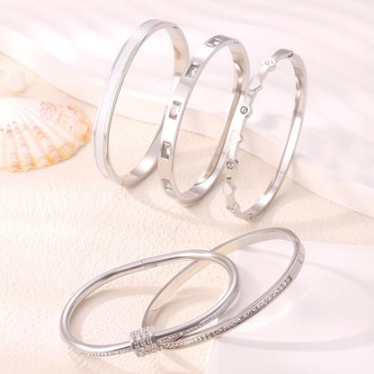 Camhanno Pink Heart Bangle Bracelets for Women - 18K Gold Plated Stackable Stainless Steel, Friendship & Love Jewelry Gift for Her - color: Silver+White
