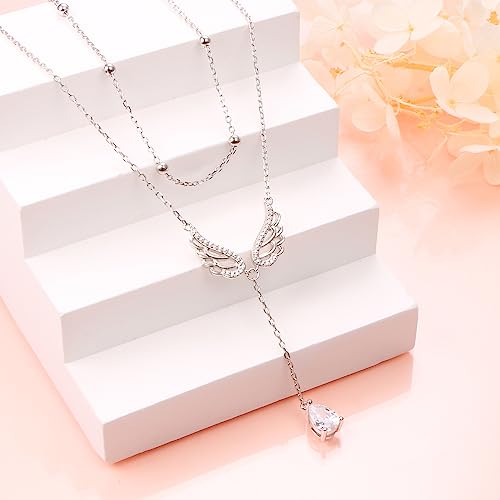 FLYOW Layered Necklace S925 Sterling Silver Y Shaped Jewelry - style: Angel Wings Style