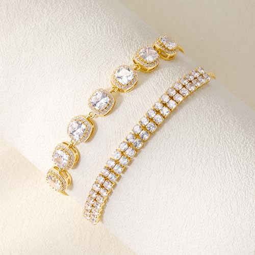 MDFUN 2 Pcs Tennis Bracelets for Women,Bracelet Adjustable Slider 6-9 Inch | 18K White/Gold Plated Cubic Zirconia Tennis Bracelet