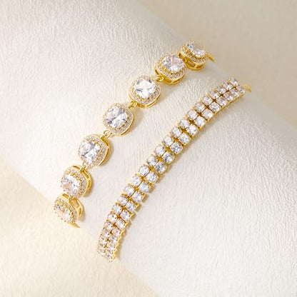 MDFUN 2 Pcs Tennis Bracelets for Women,Bracelet Adjustable Slider 6-9 Inch | 18K White/Gold Plated Cubic Zirconia Tennis Bracelet