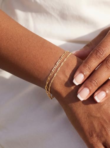 Moodear Gold Bracelets for Women, 2PCS Dainty 14K Gold Plated Link Chain | Waterproof Non Tarnish Jewelry, Adjustable Gold Plated Link & Bead Chain, Perfect for Daily Wear, Vacation Outfits & Gifts - color: gold-5