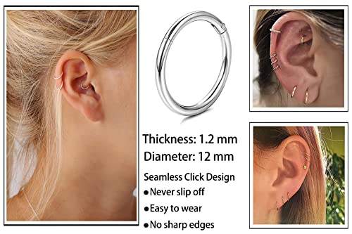 Unisex Dainty Tiny 18k Real Gold Plating Cartilage Huggie Hoop Earrings, 16G Surgical Steel Small Endless Hinged Hoops Earring for Earlobe Cartilage Helix Rook Daith Conch Nose Lip Body Piercing Jewelry - color: Silver 12mm