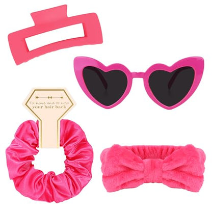 Semato 4 Pcs Hot Pink Bridesmaid Proposal Gifts Bridesmaid Spa Headband, Hair Claw Clips, Heart Shaped Sunglasses and Smooth Satin Scrunchies - color: Hot pink