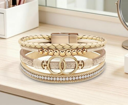 Multi-Layer Leather Wrap Bracelets for Women, Elegance Bracelet Jewelry for Women (Beige)