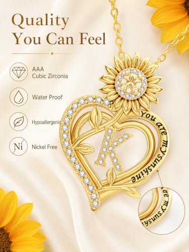 14K Gold Sunflower Initial Necklaces for Women | Heart Letter Pendant You Are My Sunshine Jewelry Gifts - style: K