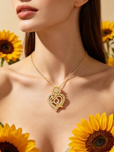 14K Gold Sunflower Initial Necklaces for Women | Heart Letter Pendant You Are My Sunshine Jewelry Gifts - style: Q