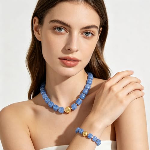 NEWITIN 2 Pieces Summer Beach Jewelry for Women Chunky Beaded Necklace Bracelet Trendy Big Resin Beaded Choker Boho Charm Statement Colorful Jewelry Set for Women - color: Blue