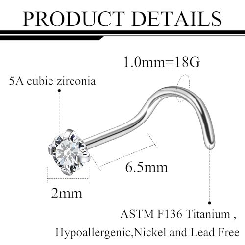 ASTM F136 Titanium Nose Rings 18G 20G 22G Clear Cubic Zirconia Nose Studs Ring Screw L-Shaped Bone Hypoallergenic Body Piercing Jewelry for Women 1.5mm 2mm 2.5mm 3mm 10PCS - style: Screw:18G(1.0mm)-2mm CZ