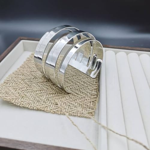 14K Gold Plated Cuff Wide Bangle for Women,Simple Geometric Adjustable Statement Open Bracelet Personality Cyberpunk Band Party Jewelry Gifts - color: Silver