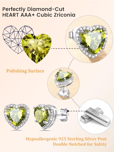 Bestyle Authentic 925 Sterling Silver 2 Carat Birthstone Earrings for Women, More Sparkle Heart/Round Solitaire Diamond Studs Earrings, Great Birthday/Christmas/Anniversary Jewelry for Wife Mother - color: 08. Aug.Peridot-Heart