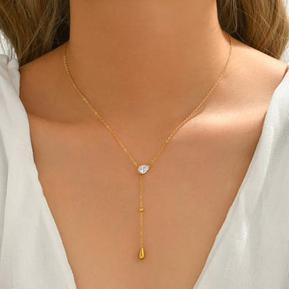 Dainty 18K Gold Plated Lariat Necklace for Women Delicate Y Chain Rose Pearl Diamond Long Drop Necklace Layering Bridal Jewelry Gift - color: CZ Waterdrop-Gold