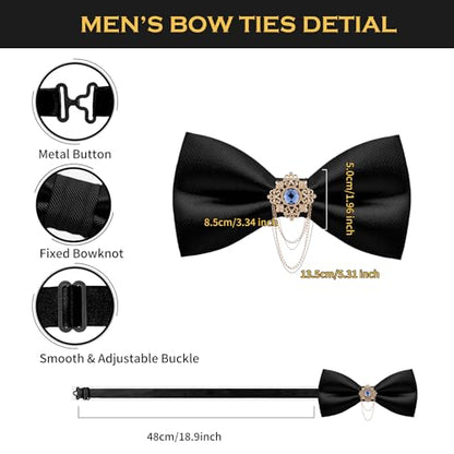 QCWQYML Black Bow Ties for Men Pre-Tied Mens Bow Tie Classic Crystal Brooch Chain Bowtie Adjustable Bowties Tuxedo Party - color: (Gold/Blue)-black