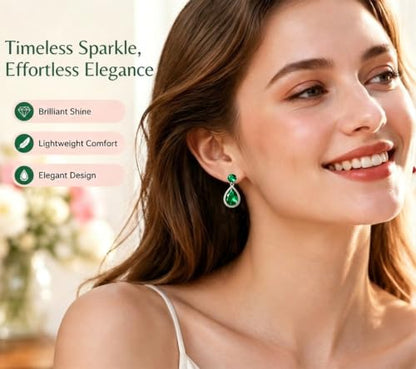 Drop Dangle Earrings Teardrop Gemstone Waterdrop White Gold Plated Crystal Hanging Cubic Zirconia Ruby Sapphire Emerald Jewelry Gift for Women Mother Wife - color: Green