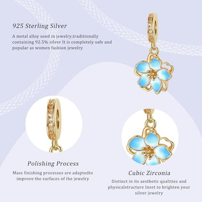 14K Gold Plated Silver Charms for Pandora, Women Heart Family Love Pet Animal Bead Dangle for Bracelets Necklace Jewelry Gift - color: B-Golden -Cherry Blossoms