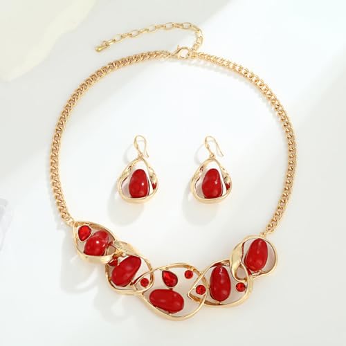 Chunky Statement Jewelry Set Blue Ocean Seashell Choker Necklaces Earrings Set for Women Pearl Bib Collar Necklaces for Party Prom Pageant Summer Fashion Jewelry Unique Birthday Gift - style: Geometric connection JS gold red