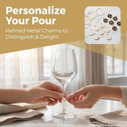 112 Pcs Wine Glass Charms Set, 60 Gold Hoop Rings + 52 Black & White Letter Beads Enamel Initial Charms, Zinc Alloy Iron Drink Markers for Stem Glasses, Wine Charm Identifier for Thanksgiving Christmas Party Favors Decor