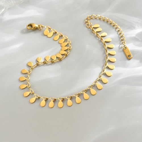 18K Gold Plated Ankle Bracelets for Women Dainty Star Coin Teardrop Square Tassel Anklets Cute Dangle Foot Chain Stainless Steel Beach Foot Jewelry - style: Drop Tassel-Gold