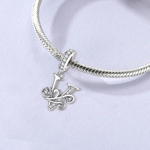 LNQOBU Complete A~Z Alphabet Charm Letter Beads, Solid 925 Sterling Silver with Cubic Stones Rose Alphabet Charm fits Pandora Bracelets Necklace Women Jewelry - color: CYT-V