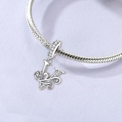 LNQOBU Complete A~Z Alphabet Charm Letter Beads, Solid 925 Sterling Silver with Cubic Stones Rose Alphabet Charm fits Pandora Bracelets Necklace Women Jewelry - color: CYT-V