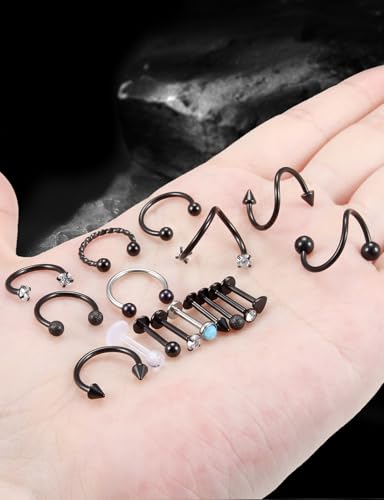 16G Horseshoe Lip Rings 316L Surgical Steel Medusa Labret Snake Bite Monroe Lip Ring 16 Gauge Tragus Forward Helix Conch Cartilage Lobe Earrings Stud Piercing Jewelry For Women Men - color: Black