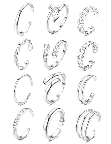 FIASASO 12Pcs Toe Rings for Women - 14K Gold Filled Toe Ring Non Tarnish Adjustable Simple Hug CZ Thin Band Toe Rings Summer Beach Foot Jewelry for Women - color: Silver
