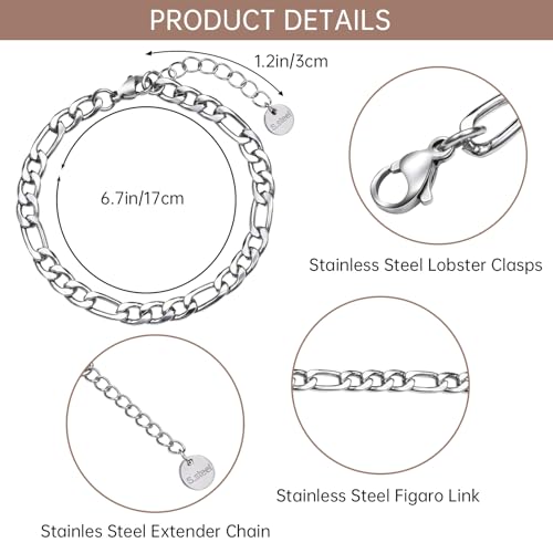 UMAOKANG 10 Pack Stainless Steel Figaro Bracelet Chains for Jewelry Making | Charm Silver Hand Chain Bracelets Bulk DIY Supplies Permanent Adjustable Bracelet Kit - color: 10pcs Figaro Steel
