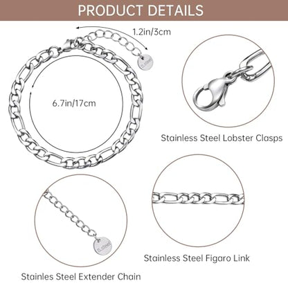UMAOKANG 10 Pack Stainless Steel Figaro Bracelet Chains for Jewelry Making | Charm Silver Hand Chain Bracelets Bulk DIY Supplies Permanent Adjustable Bracelet Kit - color: 10pcs Figaro Steel