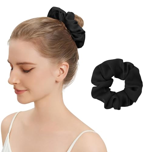 Silk Hair Scrunchies for Women, 100% Mulberry Silk Hair Ties, No Damage for Curly Hair, Large Scrunchie for Sleep, 1-Pack, Balck, L - color: Balck