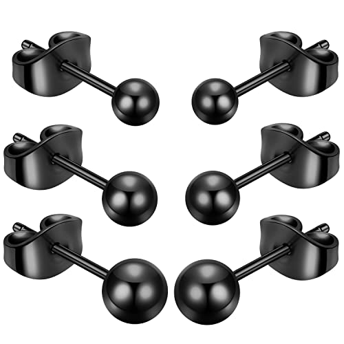 Titanium Ball Earrings Hypoallergenic Studs for Women Men Sensitive Ears Black 3mm 4mm 5mm Titanium Backs - style: 3 pairs black