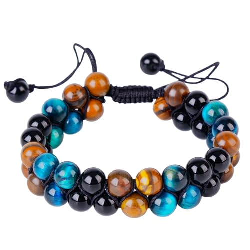 Triple Protection Bracelet,Bracelets for Men Women, Natural Tiger Eye Jewelry Stone Hematite and Blue Stone Hematite 8mm Crystal Bracelet - Adjustable Size with Premium Gift-Box - color: Black-Brown-Blue