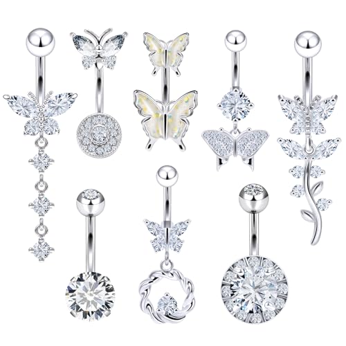 Vsnnsns 14G Belly Button Ring Piercing Jewelry 316L Stainless Surgical Steel Heart CZ Pearl Butterfly Flower Navel Rings Dangle Belly Button Ring Navel Piercing Jewelry for Women Men Hypoallergenic - color: Silver-Clear CZ