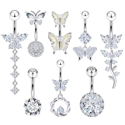 Vsnnsns 14G Belly Button Ring Piercing Jewelry 316L Stainless Surgical Steel Heart CZ Pearl Butterfly Flower Navel Rings Dangle Belly Button Ring Navel Piercing Jewelry for Women Men Hypoallergenic - color: Silver-Clear CZ