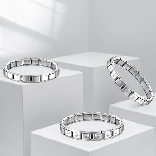 Huquary 6 Pcs Italian Charm Bracelets Shiny 9mm Starter 18 Links Stainless Steel Italian Bracelet Modular Links - color: silver