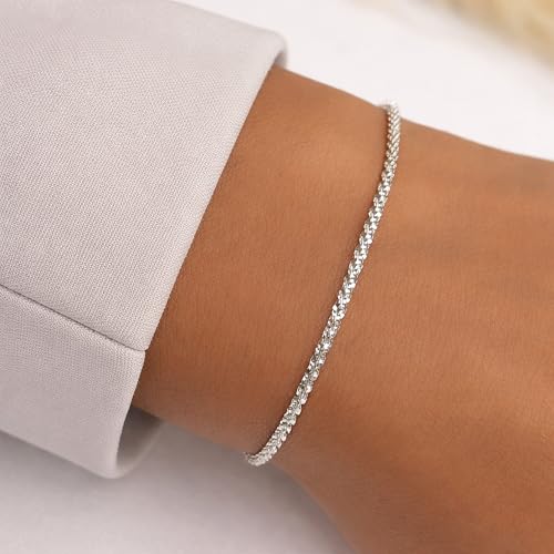 Sterling Silver Chain Bracelets for Women - Dainty 925 Silver Adjustable Bracelets, Minimalist Layering Jewelry, Stackable Chain Styles - style: H