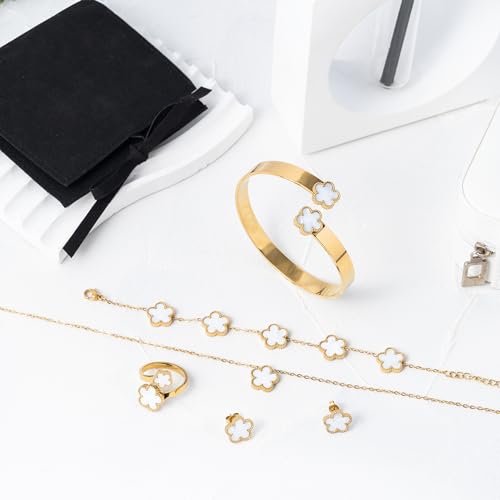Lucky Flower Alloy Jewelry, Lucky Flower Design Necklace Earrings Bracelet Bangle Ring Jewelry Set, Clover Gold Plated Chain Wrap Ornament & Plush Pouch for Women - color: White
