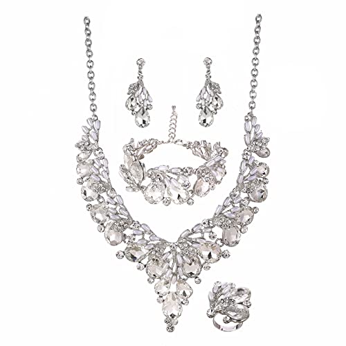 Jewelry Set for Women, Statement Necklace Dangle Earrings Bracelet Ring, White/KC Gold Plated Jewelry Set with Rhinestone Pearl Crystal Wedding Party Jewelry for Bridal Bridesmaid - color: White-Platinum Plated