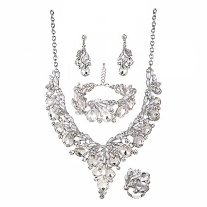 Jewelry Set for Women, Statement Necklace Dangle Earrings Bracelet Ring, White/KC Gold Plated Jewelry Set with Rhinestone Pearl Crystal Wedding Party Jewelry for Bridal Bridesmaid - color: White-Platinum Plated