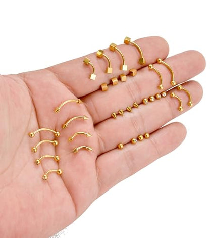 16Pcs Eyebrow Piercing Jewelry 16G Surgical Steel Curved Barbell Vertical Labret Lip Navel Belly Button Tongue Rings Rook Daith Tragus Earring for Women Men Silver Gold Tone 6mm/8mm/10mm/12mm - color: A-Gold