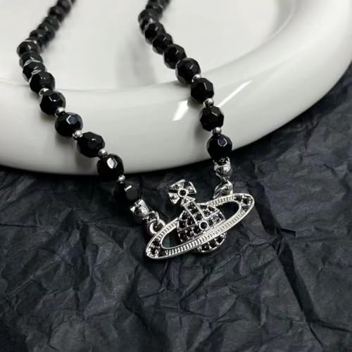 Dreuyet Saturn Pearl Necklace and Earrings Set Crystal Planet Earrings Dainty Artificial Pearl Choker Necklace Charm Gifts for Mum Wife Wedding Birthday Anniversary - color: Black