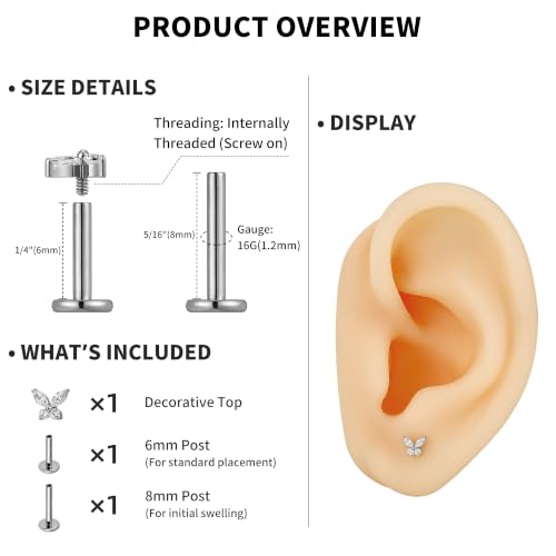 16G 6mm 8mm ASTM F136 Titanium Cartilage Piercing Jewelry Stud for Tragus Helix Conch Flat - color: Mini Butterfly - Tit
