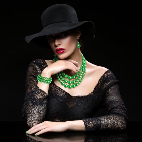 Haysandy Pearl Jewelry Set for Women 20s Jewelry Gift | Retro Layered Necklace Bracelet Earring, Costume Accessories for Derby Wedding Prom Party, Dress Matching Occasions - color: Green