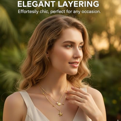 Gold-plating Necklaces for Women, Pearl Seashell Flower Pendant Necklace, Boho Lariat Long Necklace Set, Trendy Summer Beach Jewelry - color: Gold 3