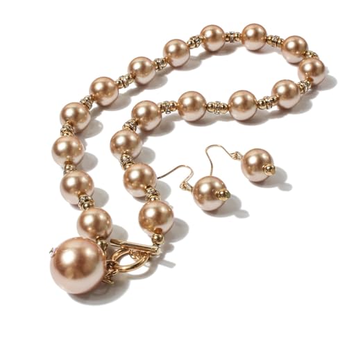 XAM 2PCS/set Large Simulated Pearl Necklace and Stud Earring for Women Brides Chunky Pearl Retro Costume Necklace Set Statement Wedding Jewelry 1920s Costume Jewelry Set - color: Champagne