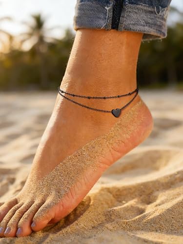 PROSTEEL Ankle Bracelets for Women, Silver/Gold/Black, Waterproof Anklets | Waterproof, Stainless Steel, Summer Beach Jewelry, Durable & No Tarnish, Come with Gift Box, 8-10.5" Adjustable, Plus Size - color: E: black-heart layered