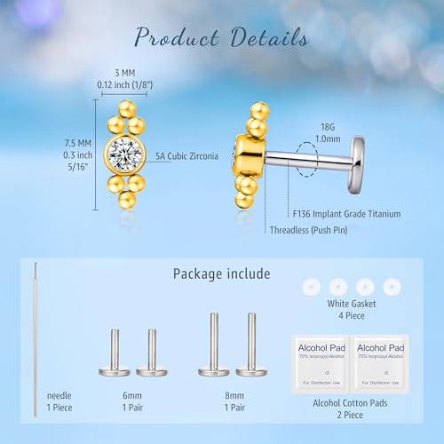 limerencia G23 Hypoallergenic 18g Flat Back Stud Earrings | F136 Implant Grade Titanium Pressfit Threadless Push Pop in Cartilage Helix Labret Lip Monroe Tragus Flat Back Piercing Studs - color: Deux Gold